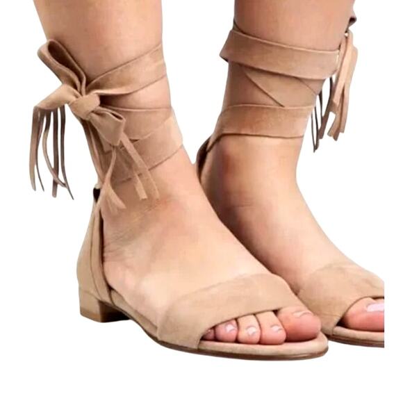 Bella Marie Women's 10 Nude Almond Open Toe Tie Bow Ankles Sandals - Picture 1 of 6